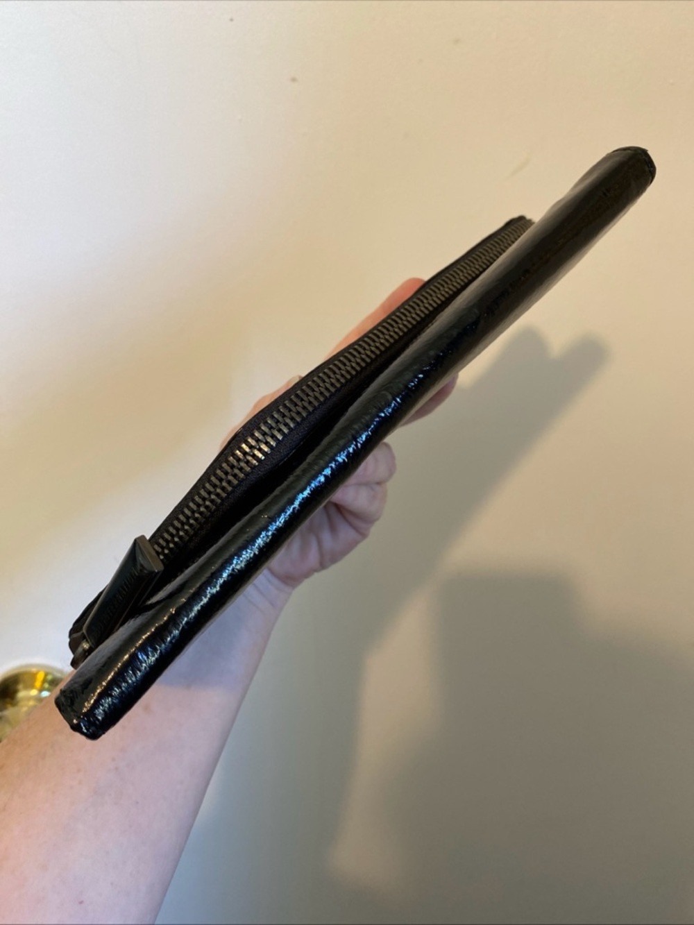 HOBO Black Patent Fold-Over Clutch with Diagonal Zip Magnetic Closure - Picture 7 of 15